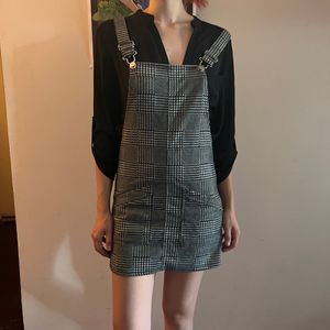 So Dress Gingham Overalls Mini B&W w Pockets Pinafore Schoolgirl XS 90s